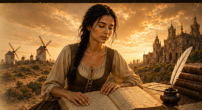 Dulcinea leyendo un manuscrito al atardecer