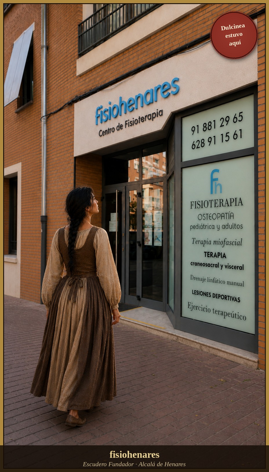 Dulcinea llegando a la puerta de fisiohenares en Alcalá de Henares