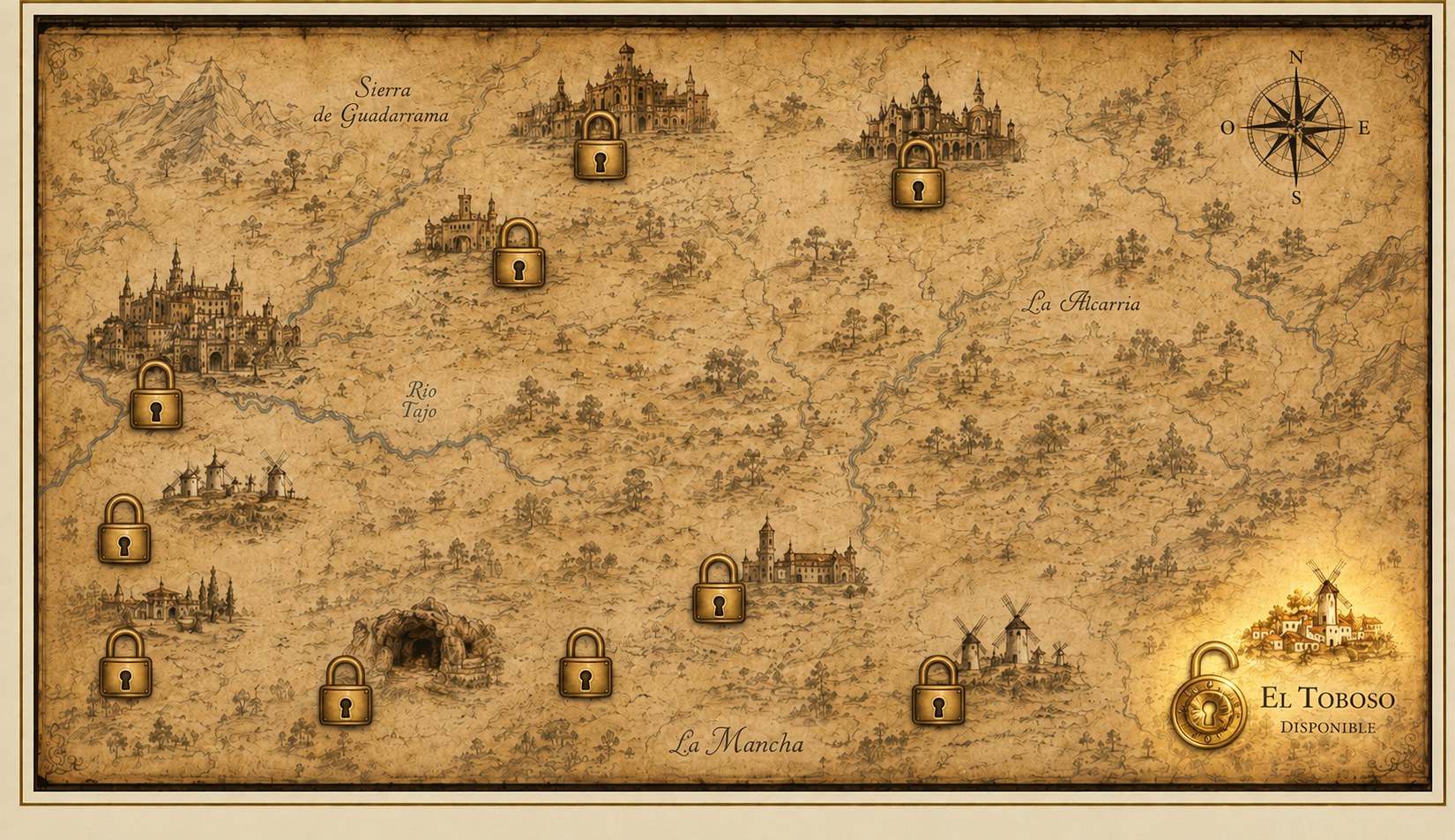 Mapa del viaje de Dulcinea con destinos bloqueados por candados dorados. Solo El Toboso aparece disponible.