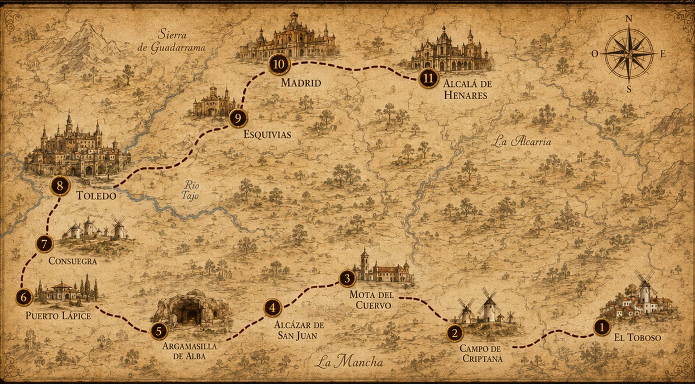 Mapa ilustrado del viaje de Dulcinea desde El Toboso hasta Alcalá de Henares